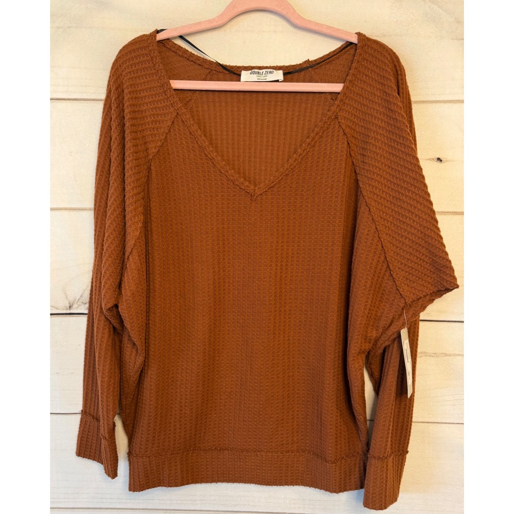 Double Zero Waffle Knit V-Neck Slouchy Dolman Top Hazelnut Brown DZ20H051 L
